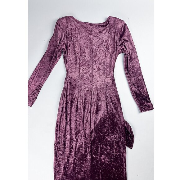 Vintage Velvet Dress | 80's Plum Purple Gothic Faux Wrap Midi Dress - Picture 4 of 6